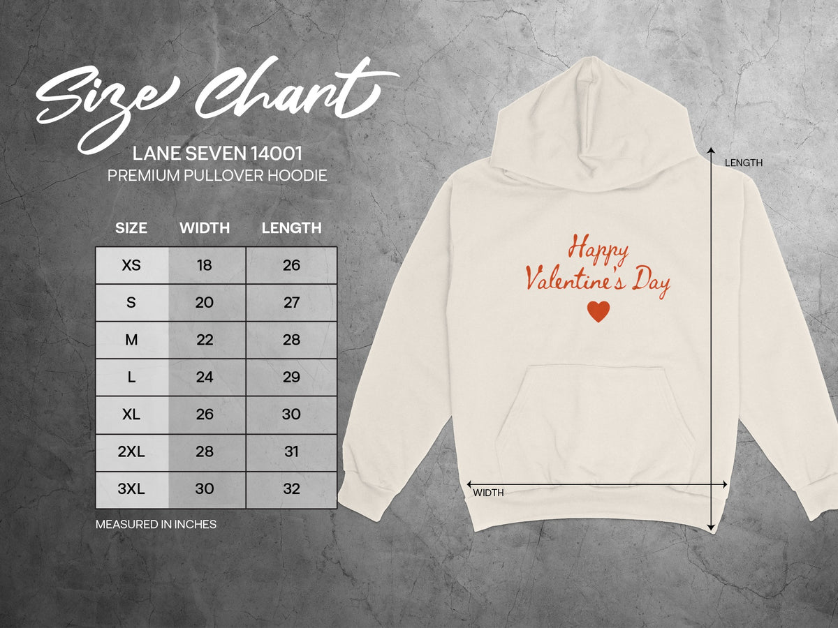 Lane Seven 14001 Premium Pullover Hoodie size chart with measurements.