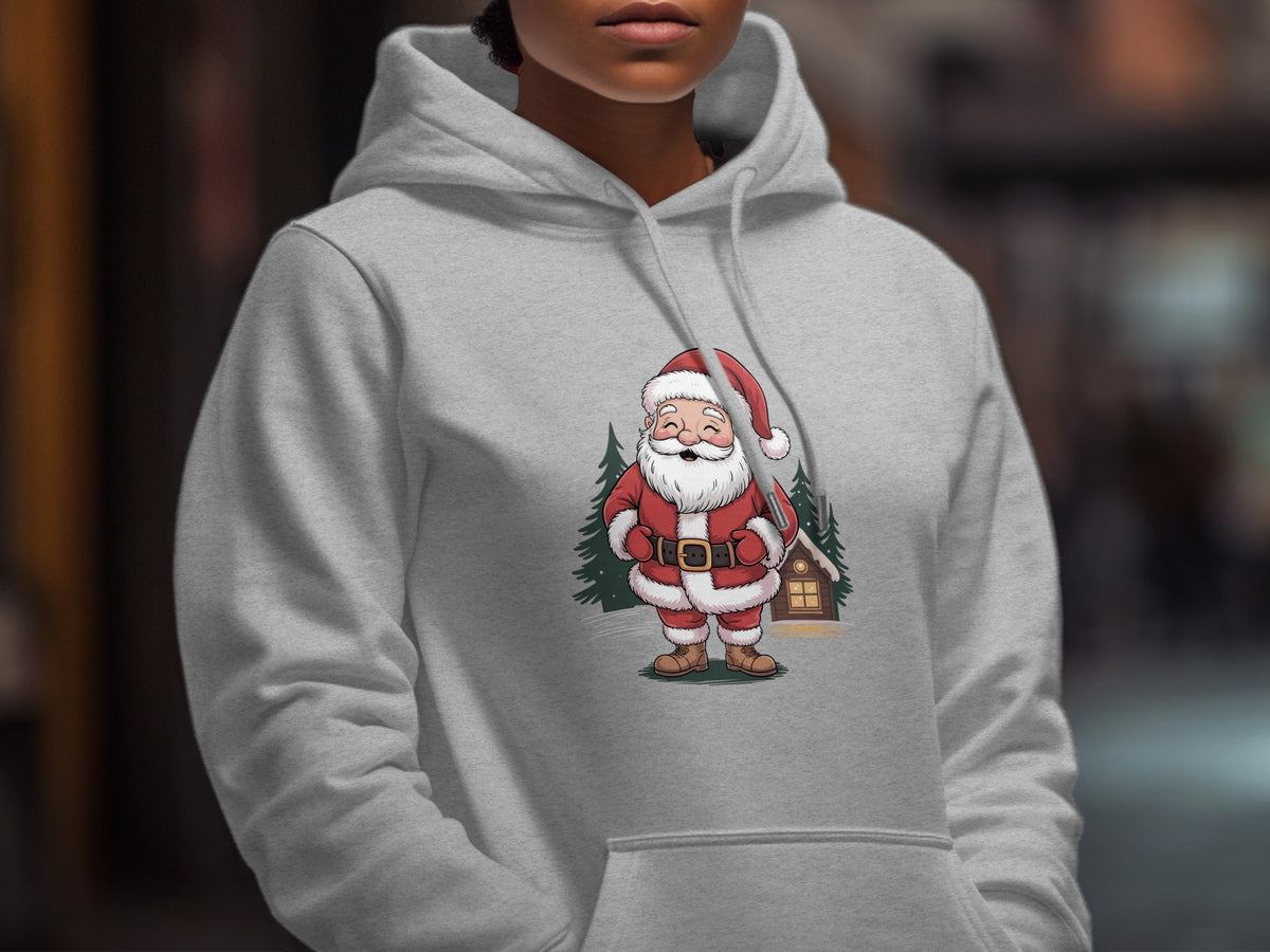 A person wearing a light gray hoodie printed with a cartoon Santa Claus graphic.