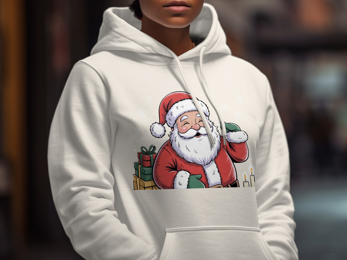 A person wearing a white hooded sweatshirt with a cheerful Santa Claus graphic printed on the chest.