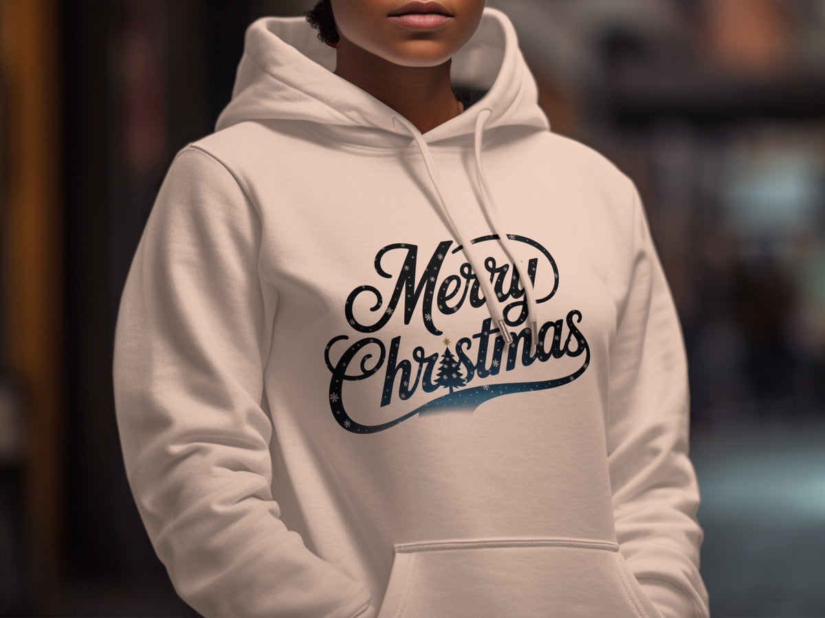 White hoodie with "Merry Christmas" graphic and a Christmas tree illustration.