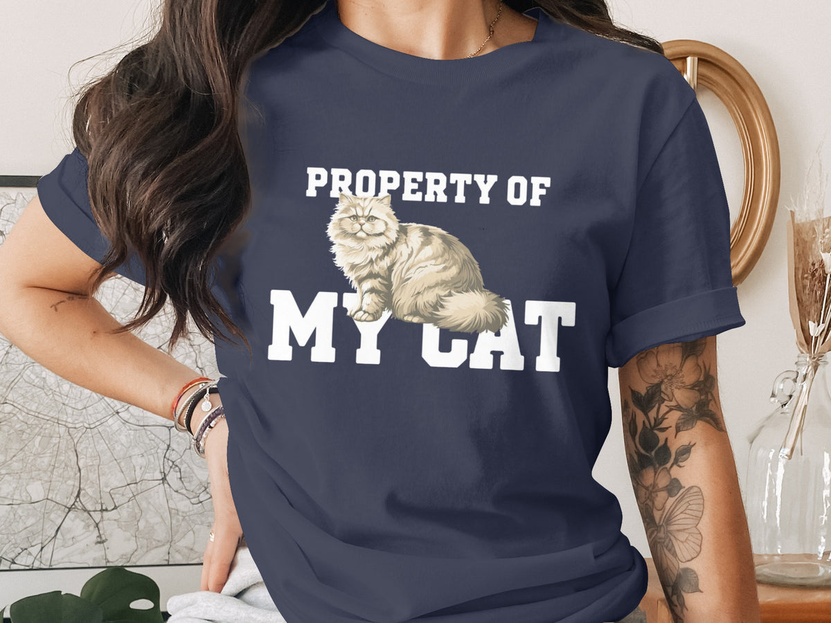 Navy t-shirt with "Property Of My Cat" text and a fluffy cat graphic.