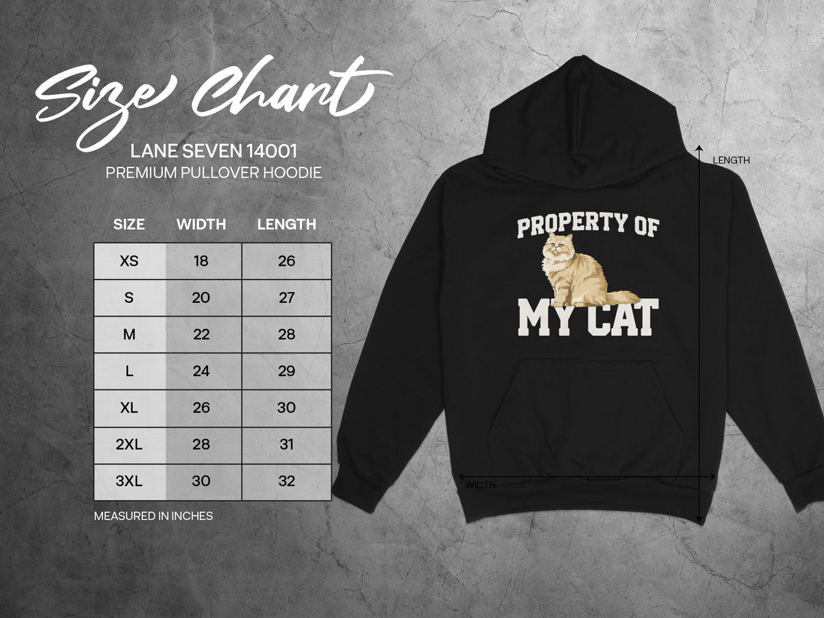 Lane Seven 14001 black hoodie size chart with cat graphic.