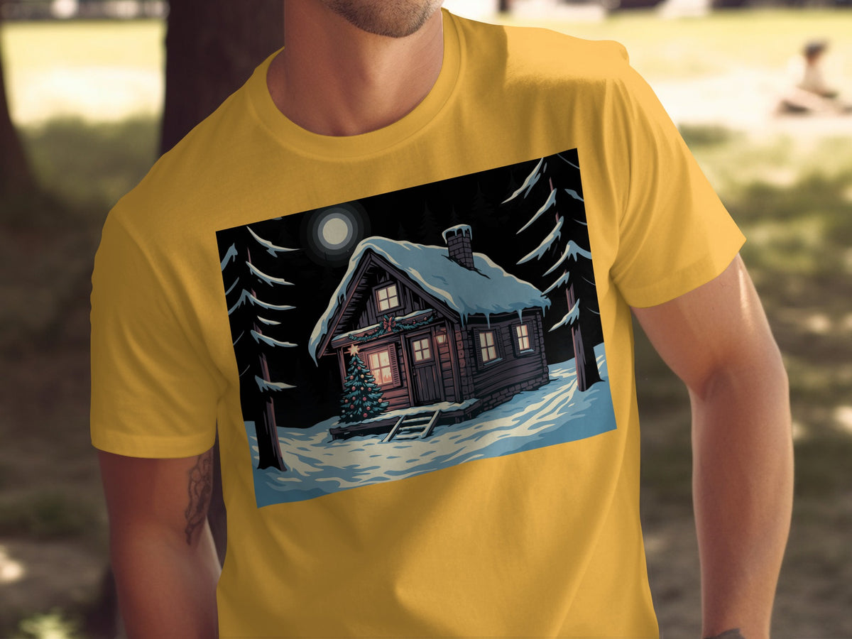 Snowy cabin with Christmas tree and moon on yellow t-shirt.