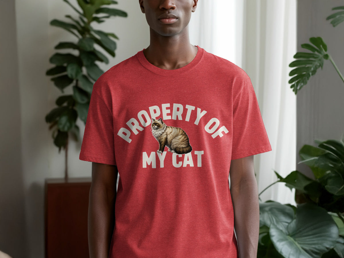 Red t-shirt with white text "PROPERTY OF MY CAT" and a cat graphic.