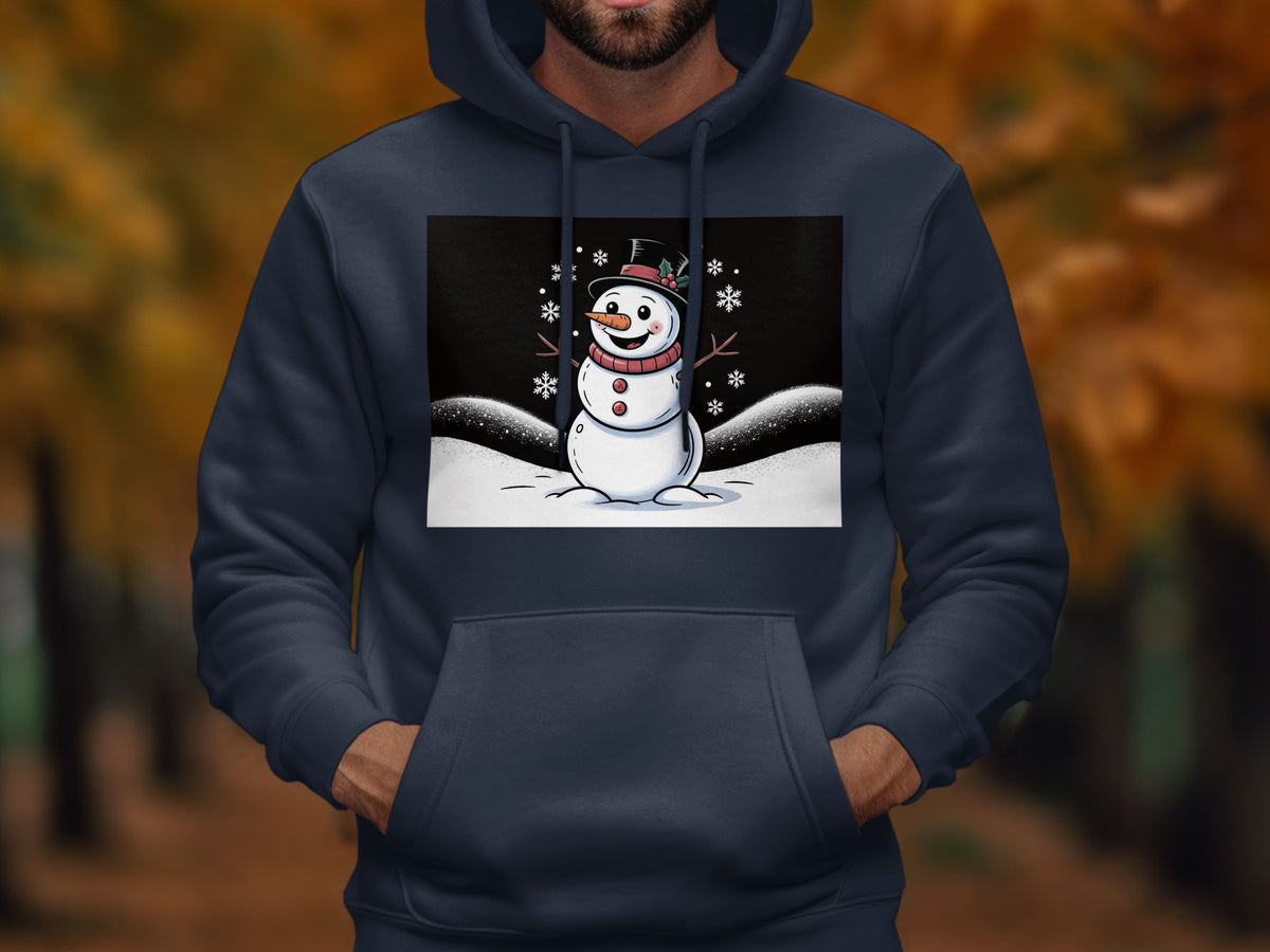 A dark blue hoodie features a front graphic of a smiling snowman with a top hat and scarf.