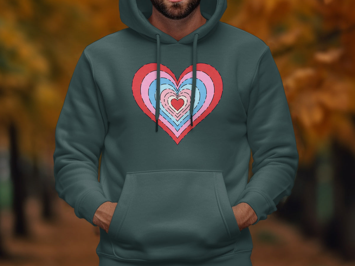 Dark teal hoodie with a nested heart graphic in pink, blue, and red tones.