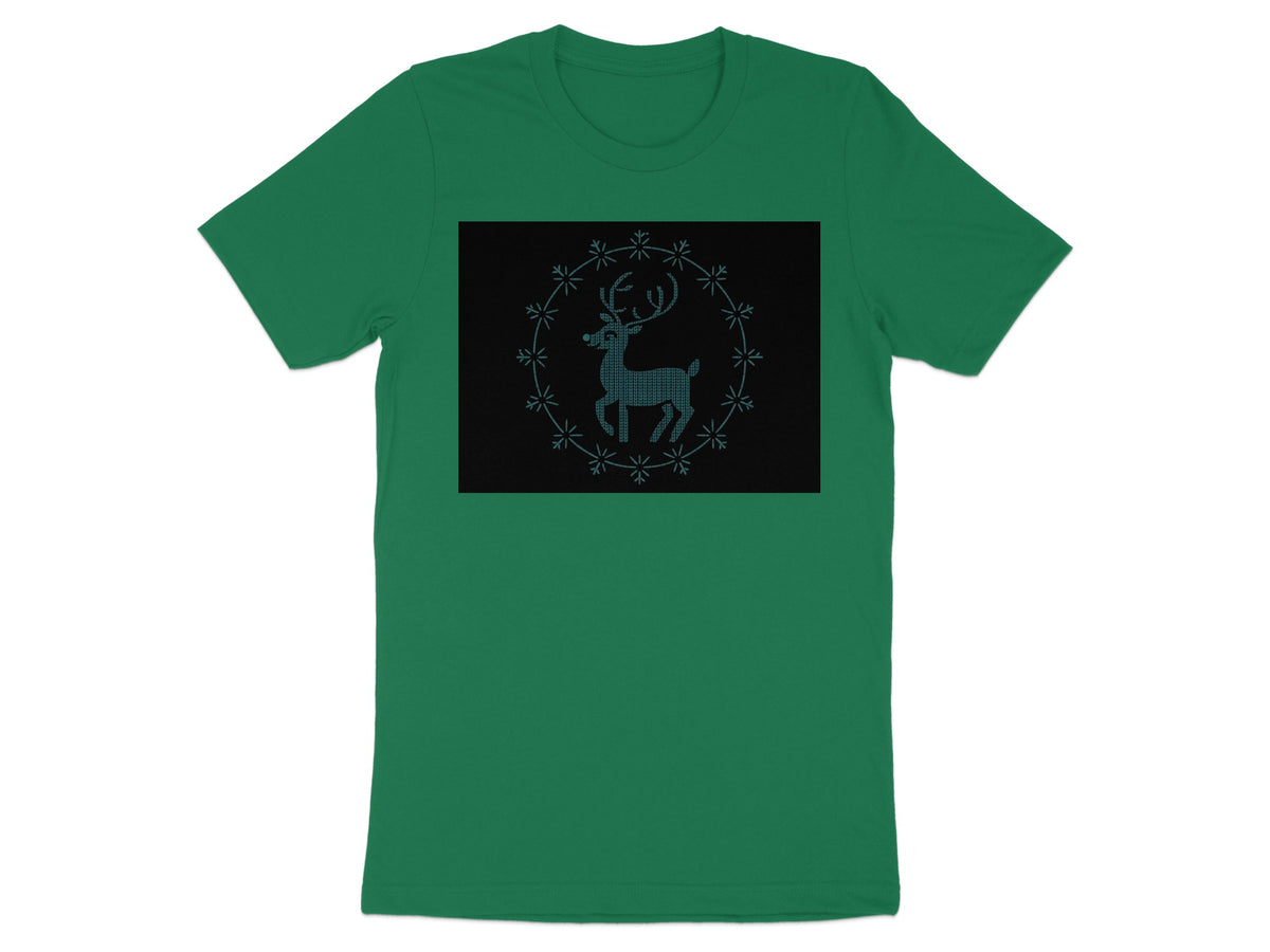 Green t-shirt with a black rectangle featuring a blue, pixelated reindeer in a circle of snowflakes.