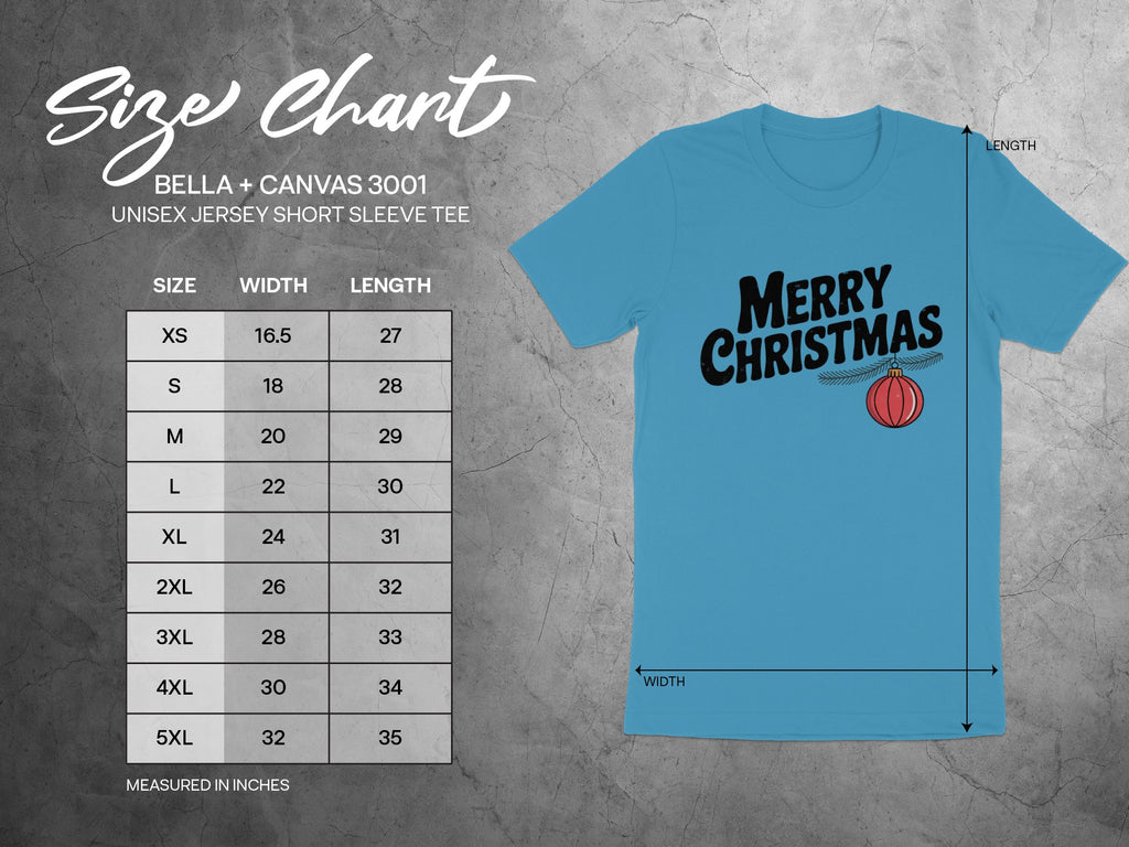 Bella + Canvas 3001 unisex short sleeve tee size chart with dimensions measured in inches.