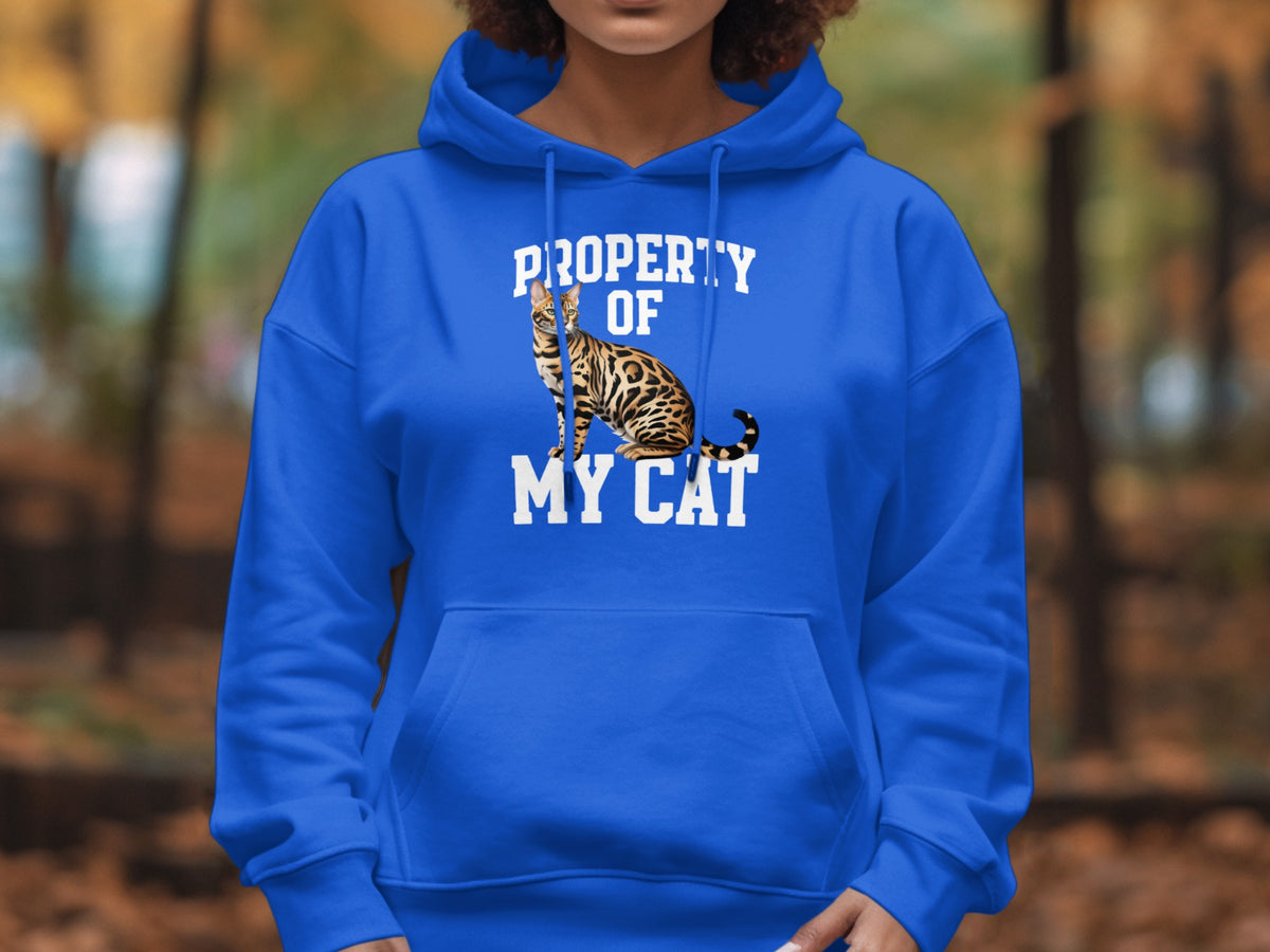 Royal blue hoodie with "Property of My Cat" and a Bengal cat graphic.