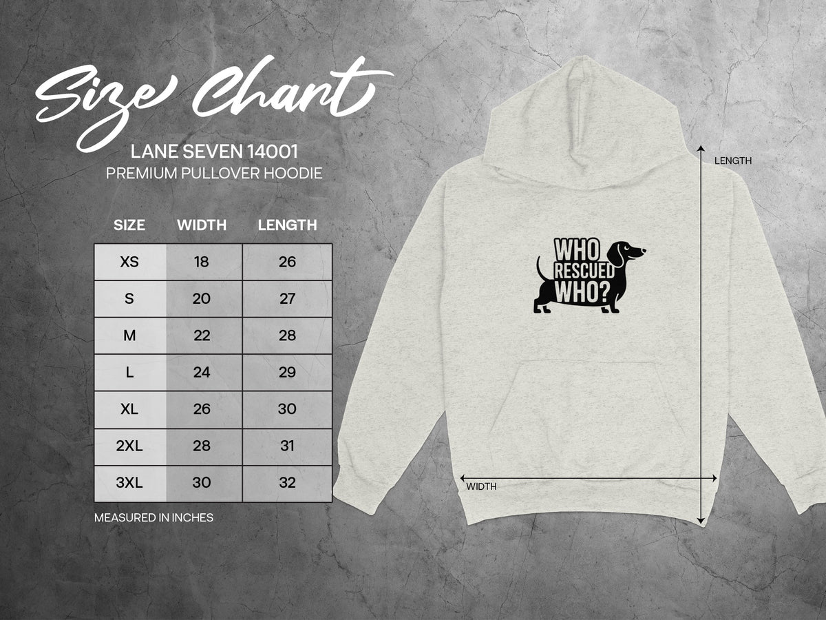Size chart for Lane Seven 14001 premium pullover hoodie with dachshund graphic.