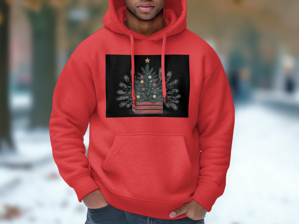 A man wearing a red hoodie featuring a square graphic of a decorated Christmas tree.