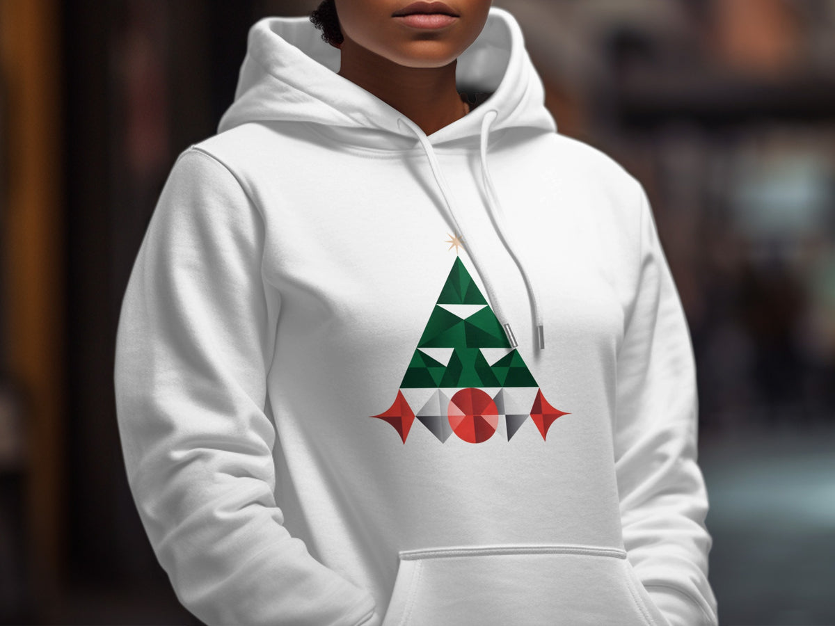 White hoodie with a geometric Christmas tree and ornaments design.
