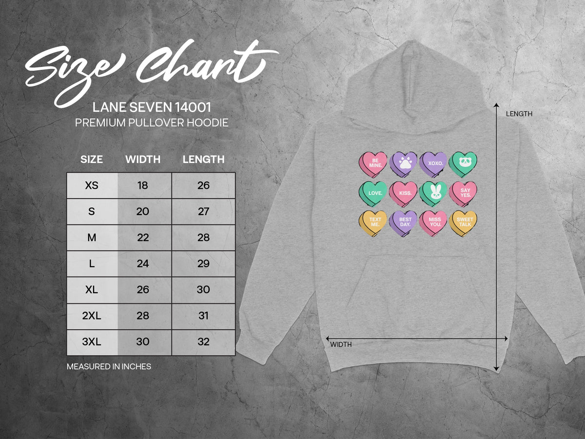Lane Seven 14001 premium pullover hoodie size chart with width and length measurements in inches.