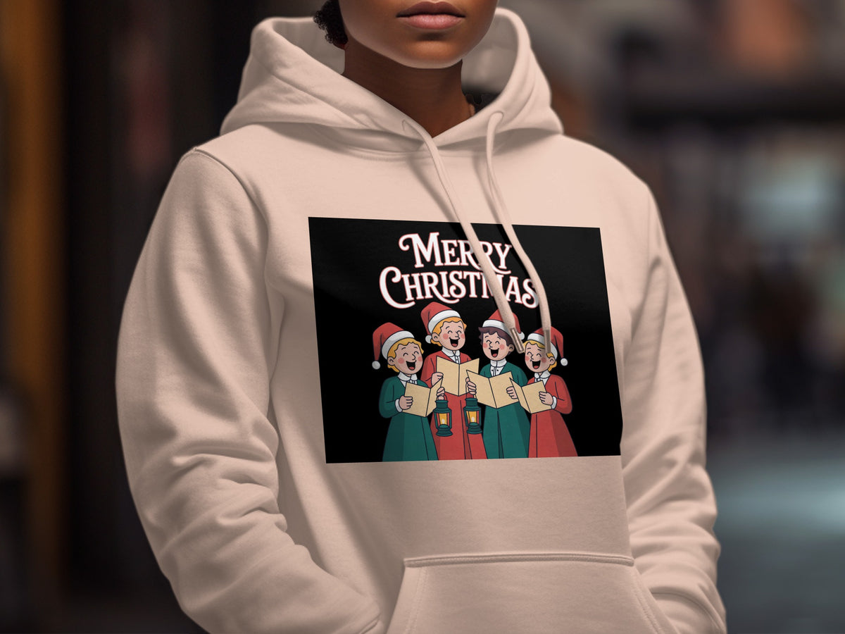 Cream hoodie with a "Merry Christmas" graphic of carolers.
