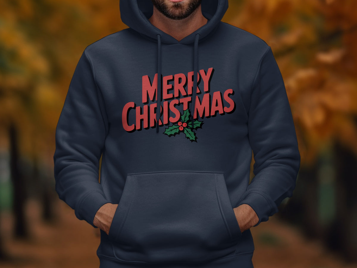 Navy blue hoodie with red "MERRY CHRISTMAS" text and holly.