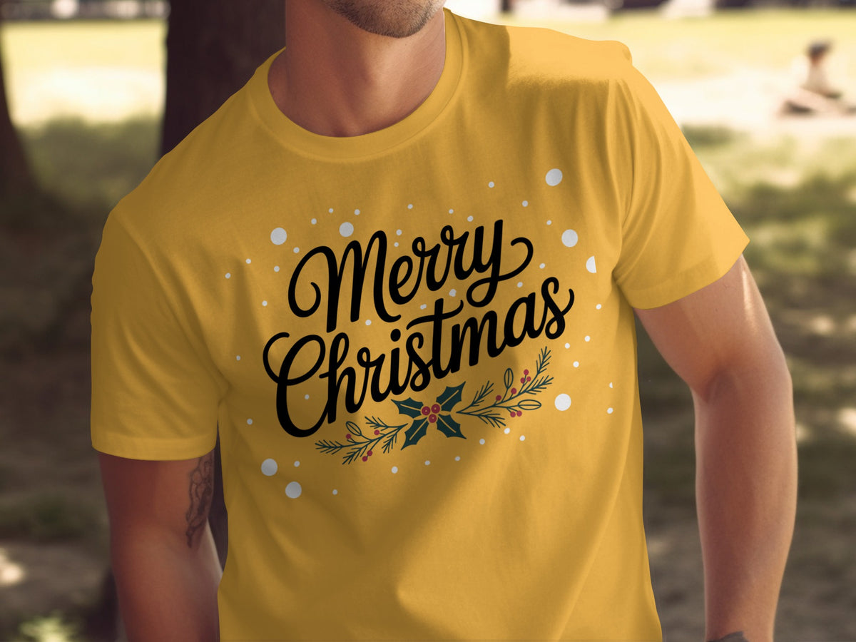Yellow t-shirt with "Merry Christmas" text and holly design.