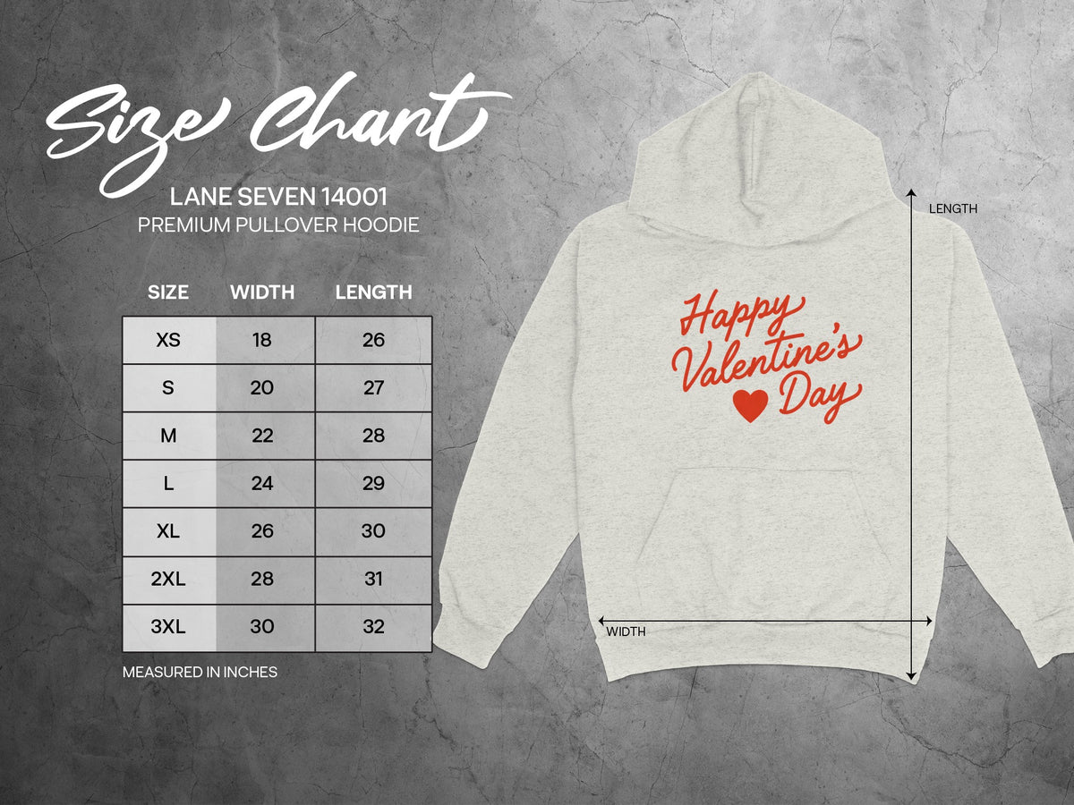 Lane Seven 14001 hoodie size chart with width and length measurements in inches.
