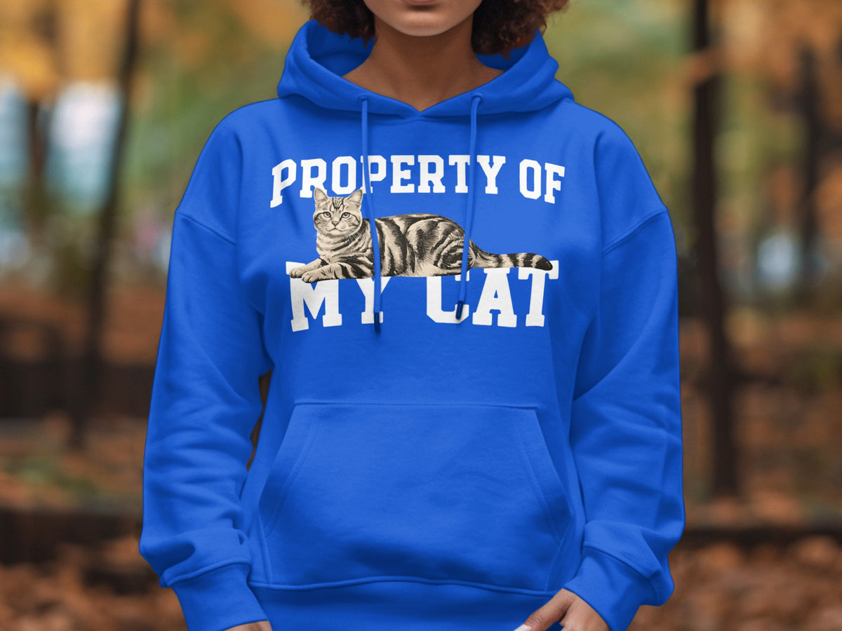 Blue hoodie with "PROPERTY OF MY CAT" text and a tabby cat graphic.