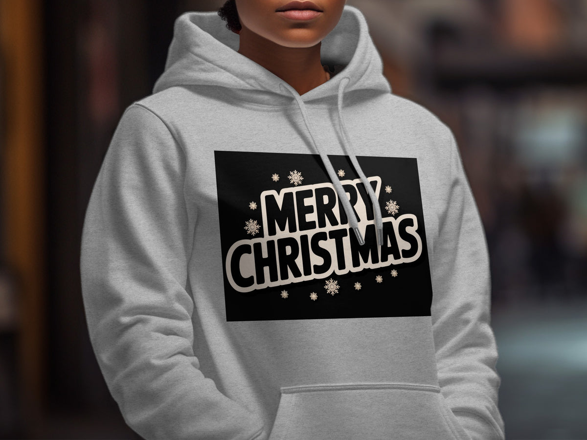 Light grey hoodie with "Merry Christmas" text and snowflakes graphic.