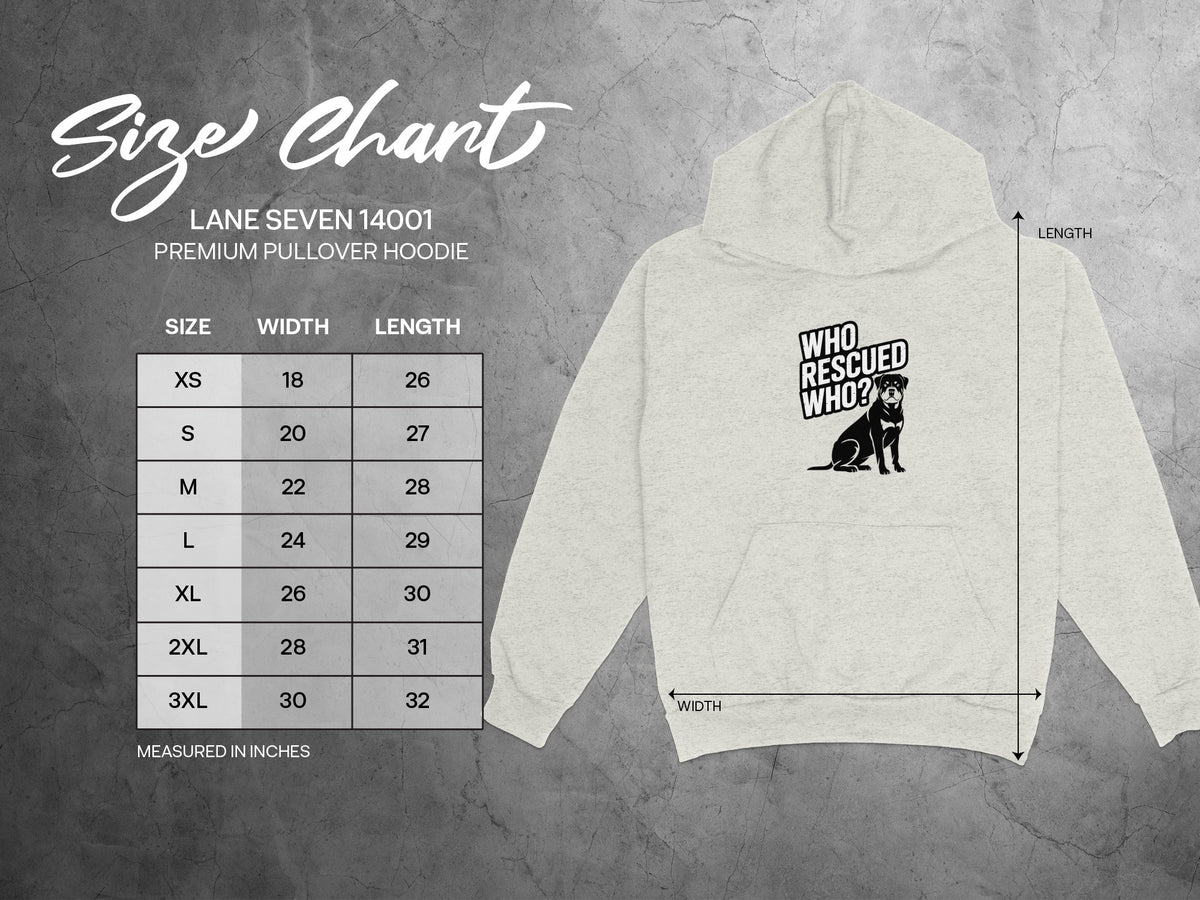 Size chart for Lane Seven 14001 premium pullover hoodie with dog graphic.