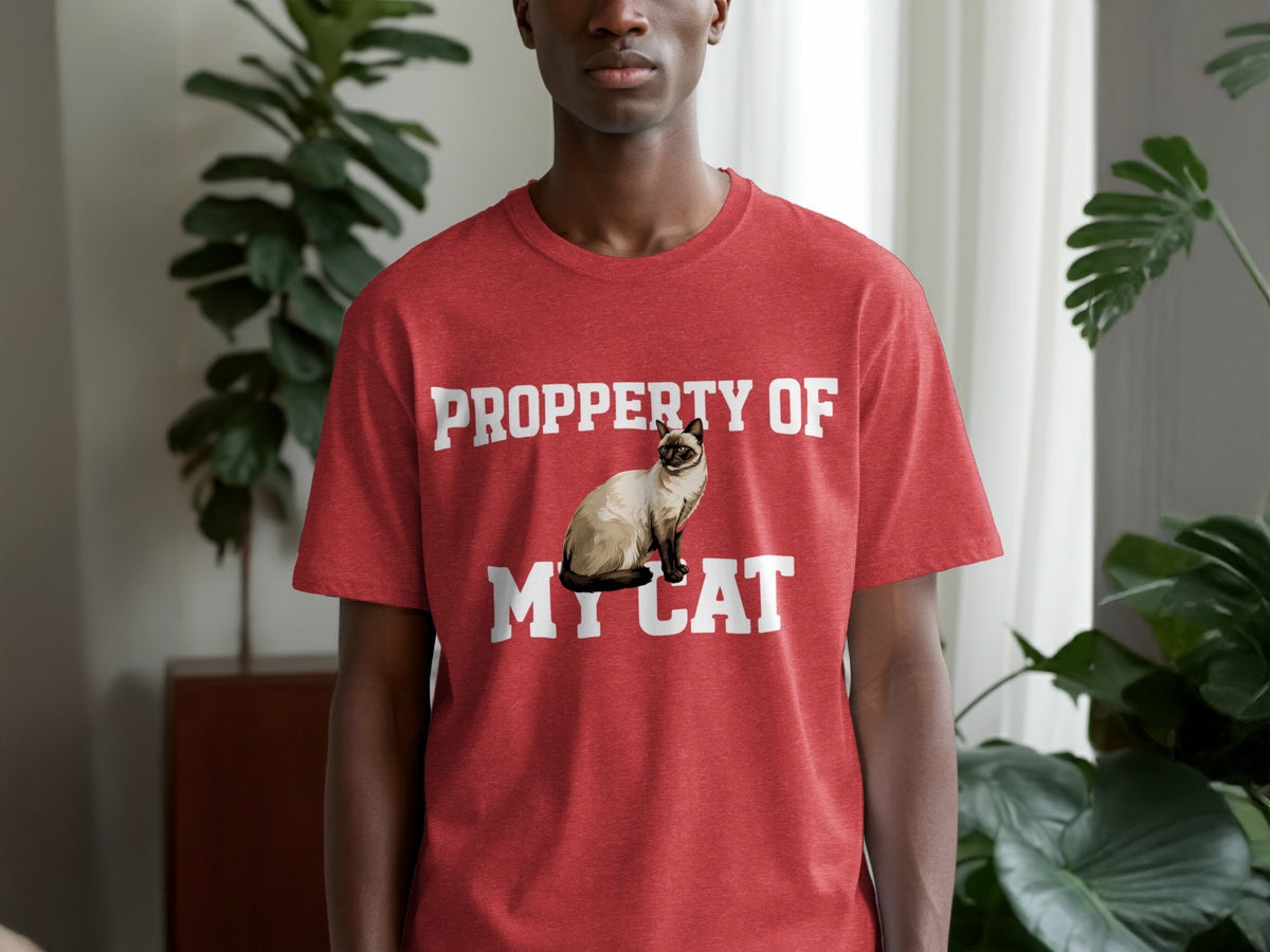 Red t-shirt with "PROPPERTY OF MY CAT" text and Siamese cat graphic.