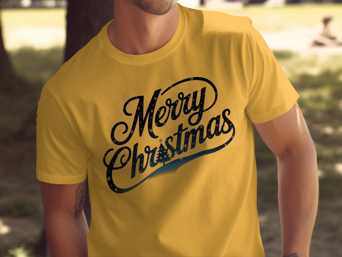 Yellow t-shirt with "Merry Christmas" text and a Christmas tree graphic.