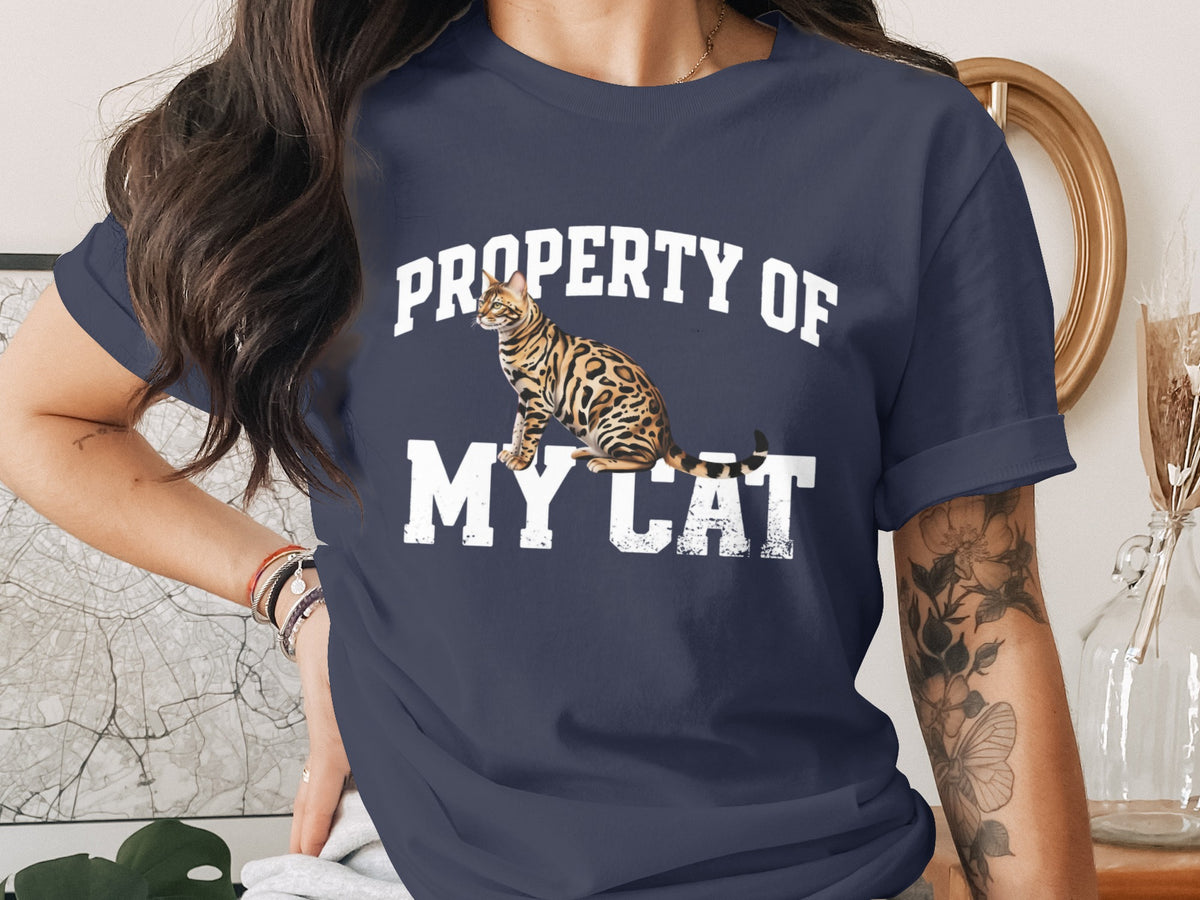 Dark blue t-shirt with "PROPERTY OF MY CAT" and a Bengal cat graphic.