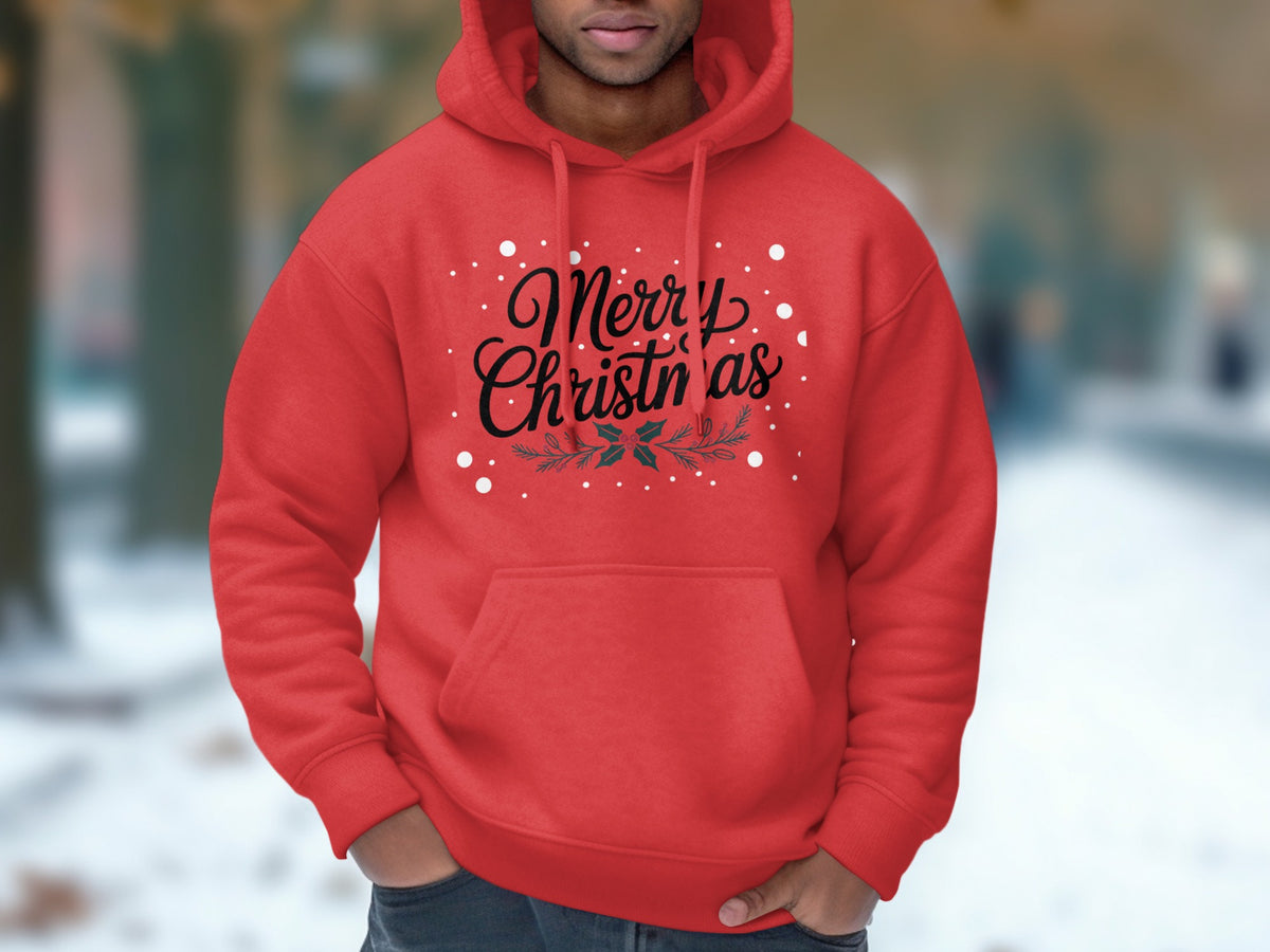Red hoodie with "Merry Christmas" text and holly design.