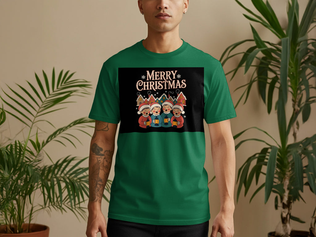 Green t-shirt with cartoon children holding lanterns and "Merry Christmas" text.