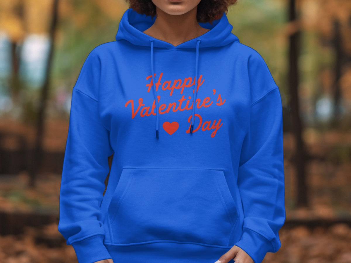 Blue hoodie with "Happy Valentine's Day" text and a heart graphic.