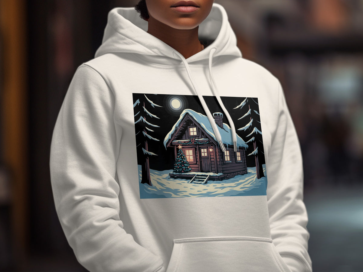 A person wears a white hooded sweatshirt featuring a graphic of a snowy winter cabin at night.