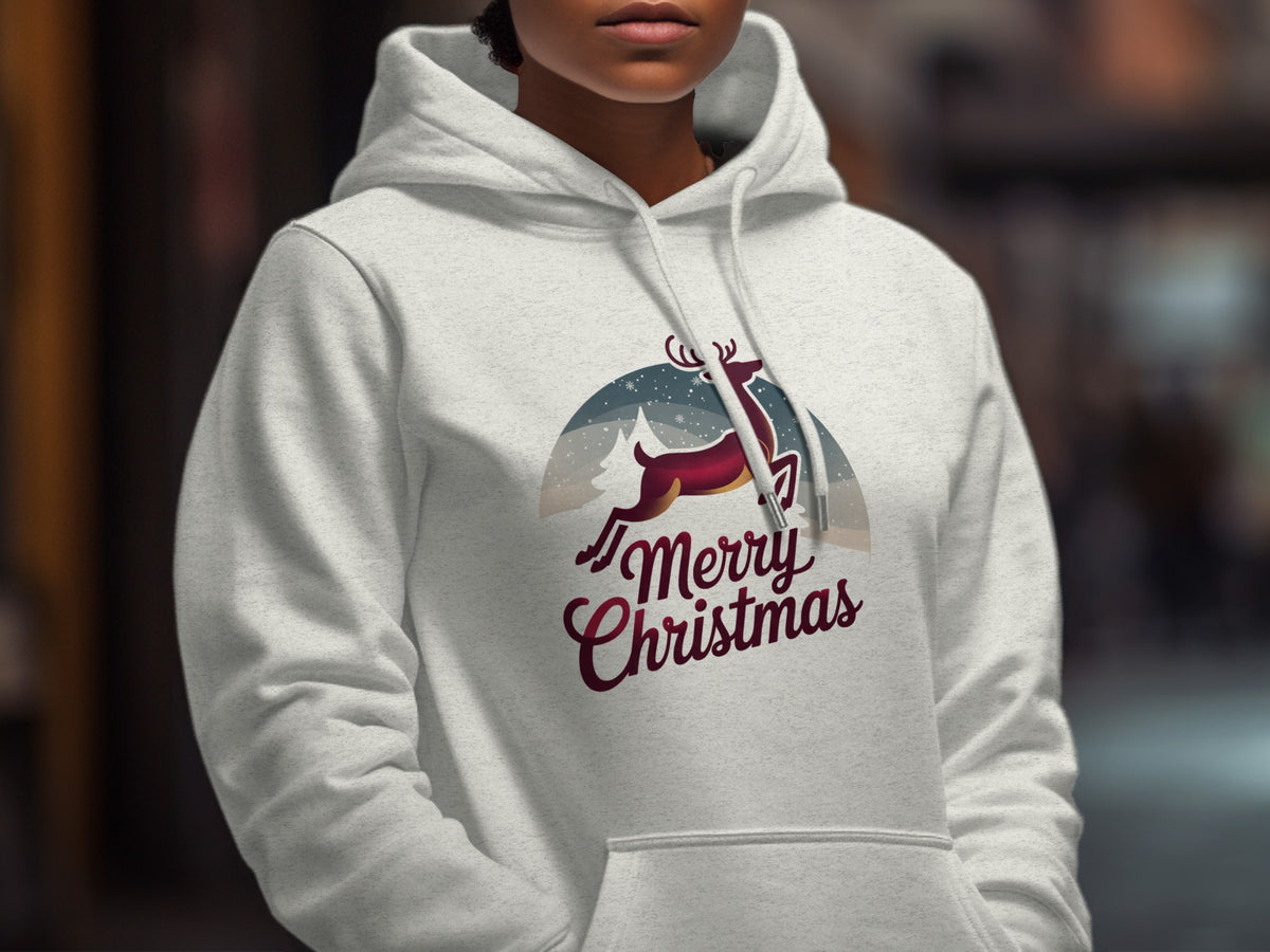 Light gray hoodie with a Christmas graphic featuring a deer and "Merry Christmas" text.