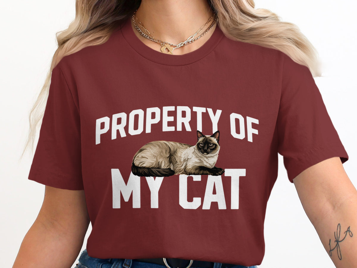 Maroon t-shirt with "PROPERTY OF MY CAT" text and a Siamese cat illustration.