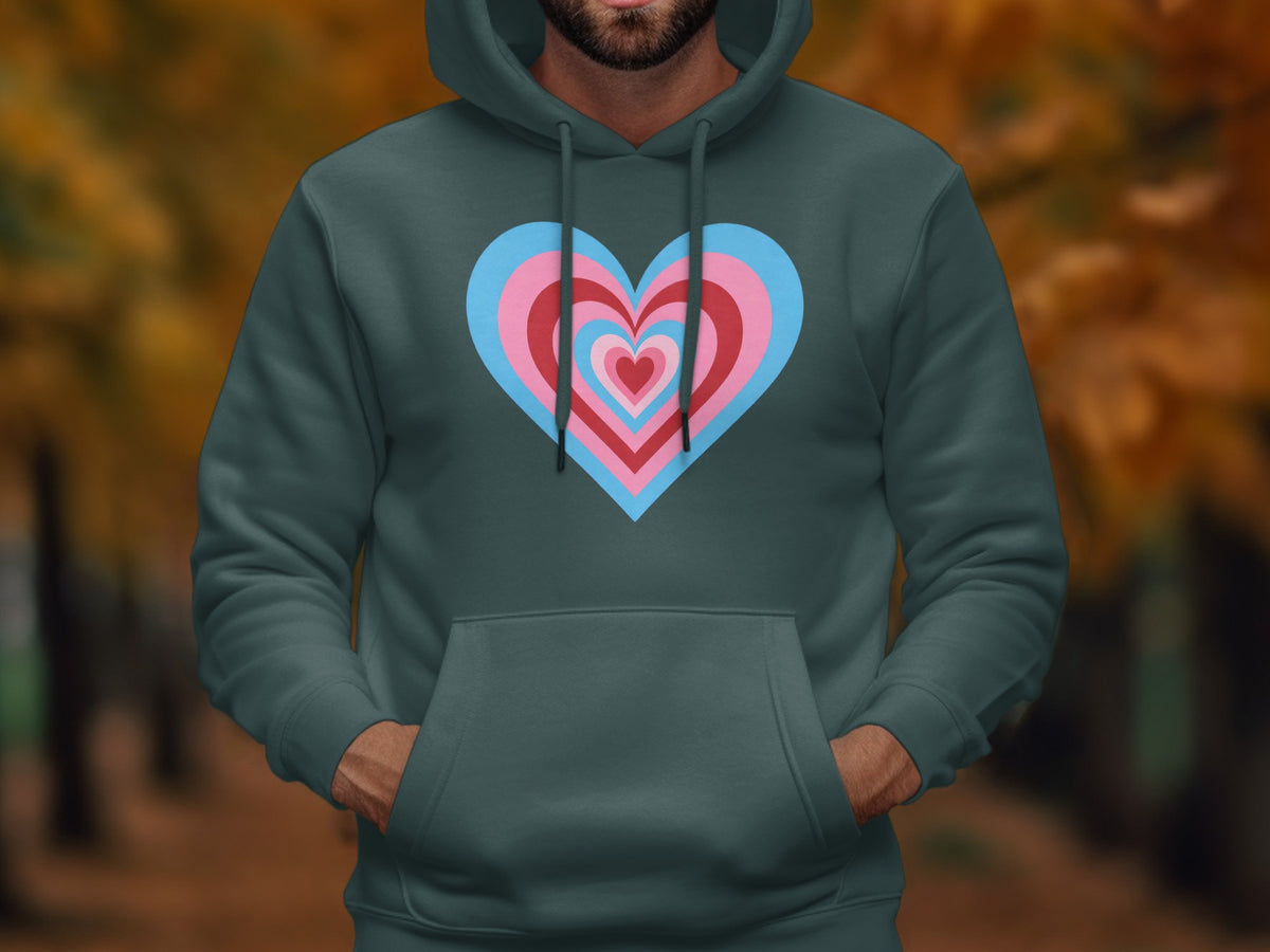 Dark teal hoodie with nested hearts in pink, blue, and white on the chest.