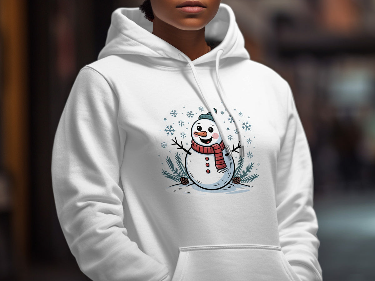 White hoodie with a cartoon snowman illustration and snowflakes.