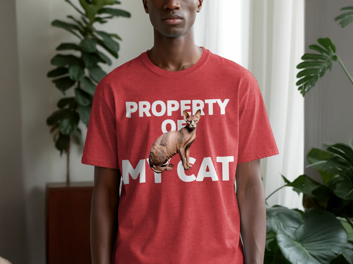 Red t-shirt with "PROPERTY OF MY CAT" and a Sphynx cat graphic.