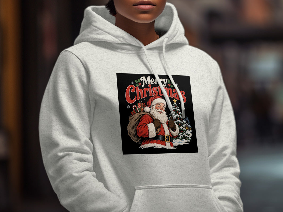 Light grey hoodie with a black square graphic of Santa Claus and "Merry Christmas" text.
