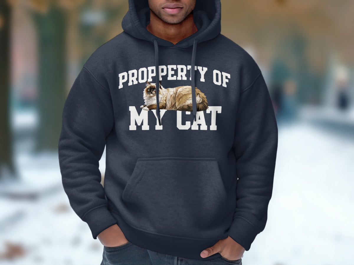 Dark blue hoodie with "Property of My Cat" text and a cat graphic.