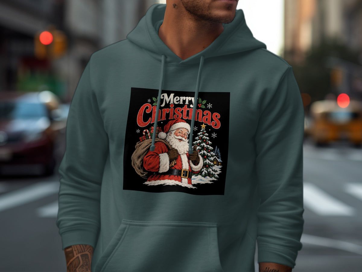 Santa Claus with a sack and Christmas tree on a hoodie with "Merry Christmas" text.