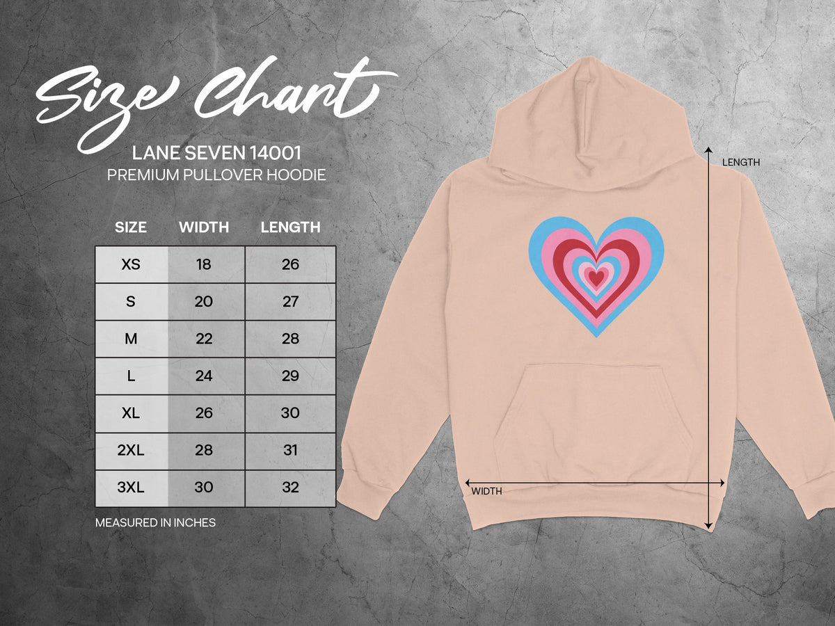 Lane Seven 14001 premium pullover hoodie size chart with measurements in inches.