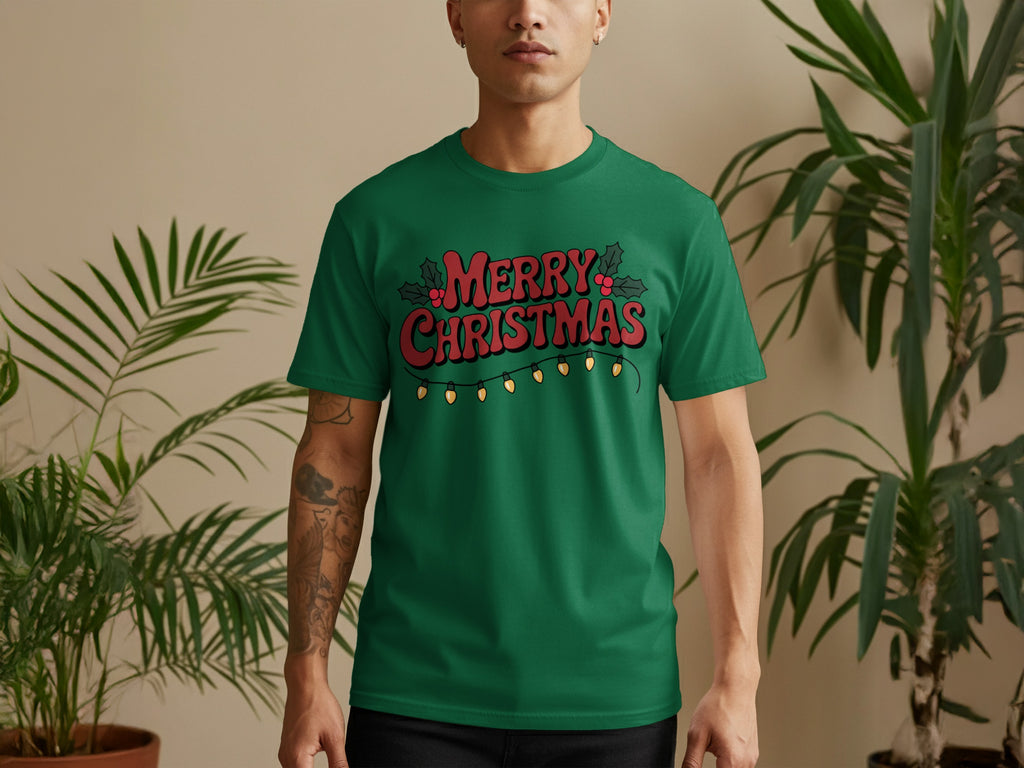 Green t-shirt with red "Merry Christmas" text and festive lights.