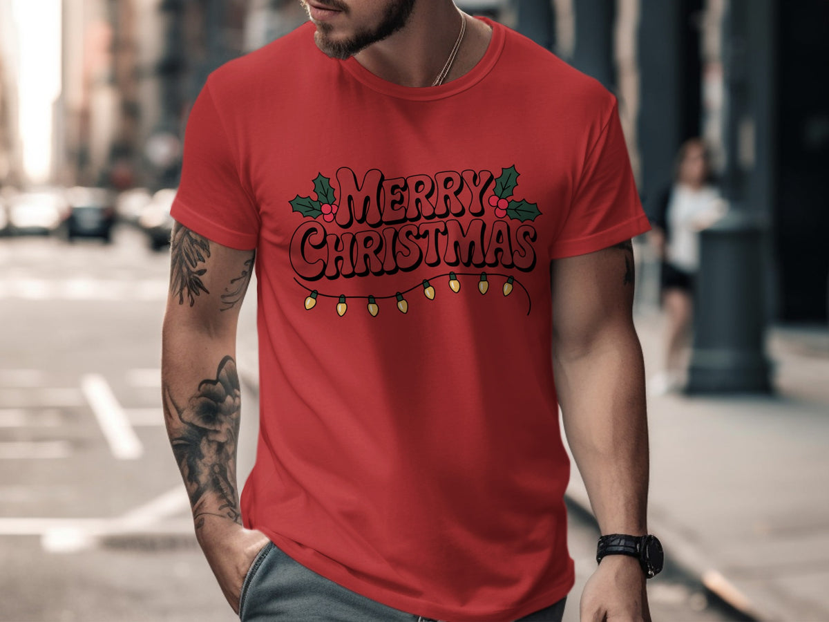 Red t-shirt with "Merry Christmas" text and festive lights.