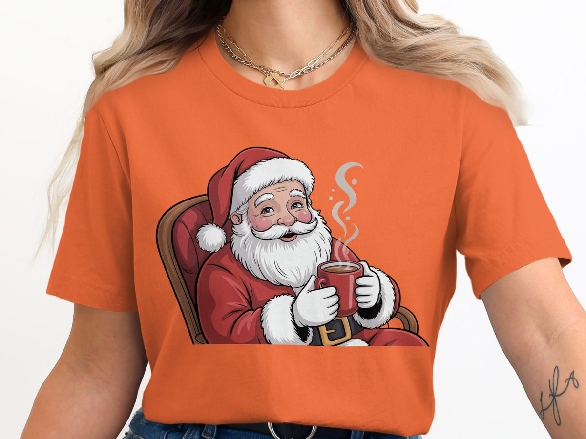 Santa Claus sits in a rocking chair holding a steaming mug of coffee.