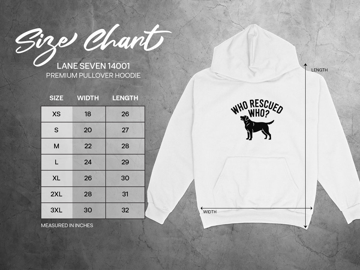 Lane Seven 14001 pullover hoodie size chart with measurements for width and length.