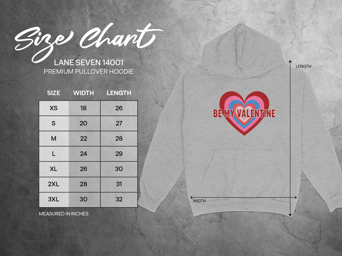 Lane Seven 14001 hoodie size chart with width and length measurements in inches.