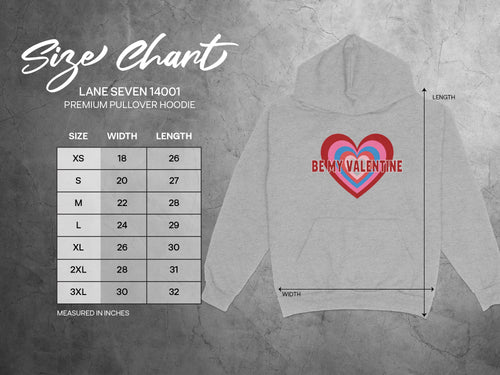 Lane Seven 14001 hoodie size chart with width and length measurements in inches.
