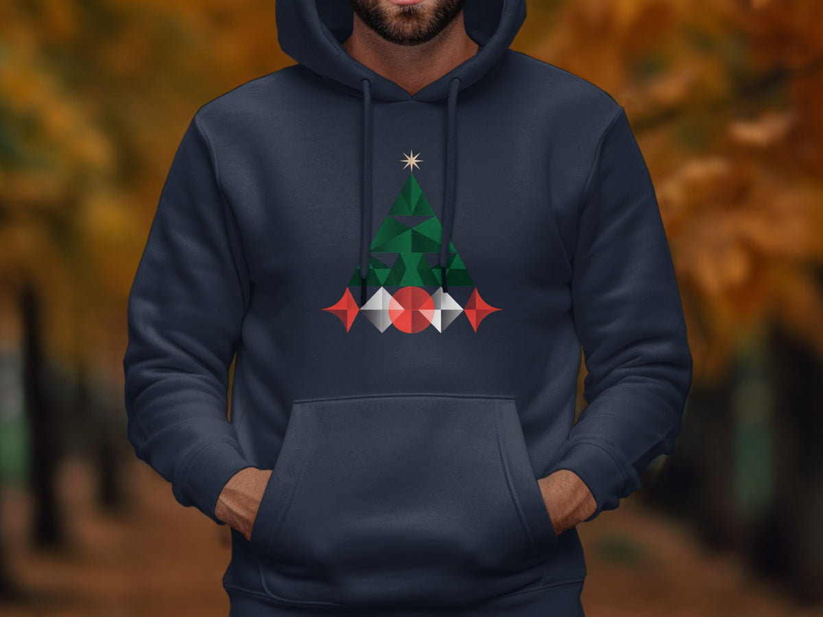 Navy hoodie with abstract geometric Christmas tree design on front.