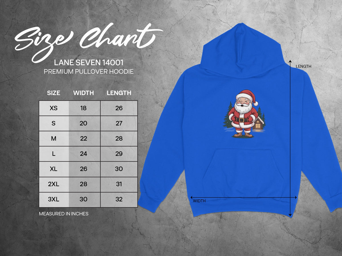 Size chart and sizing measurements for Lane Seven 14001 premium pullover hoodie with Santa graphic.