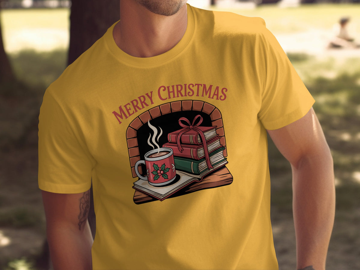 Yellow t-shirt with "Merry Christmas" text and festive fireplace graphic.