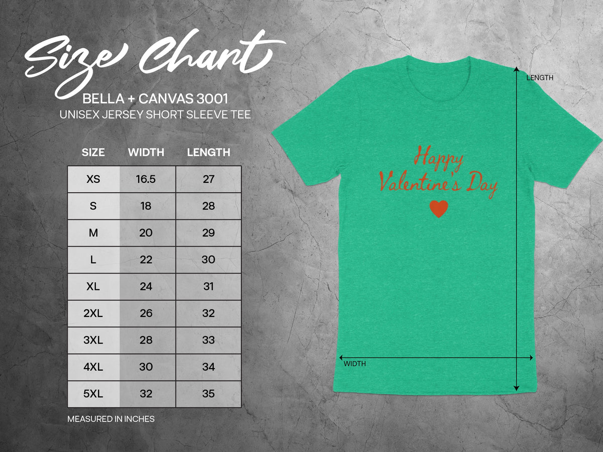 Bella + Canvas 3001 unisex tee size chart with measurements in inches.